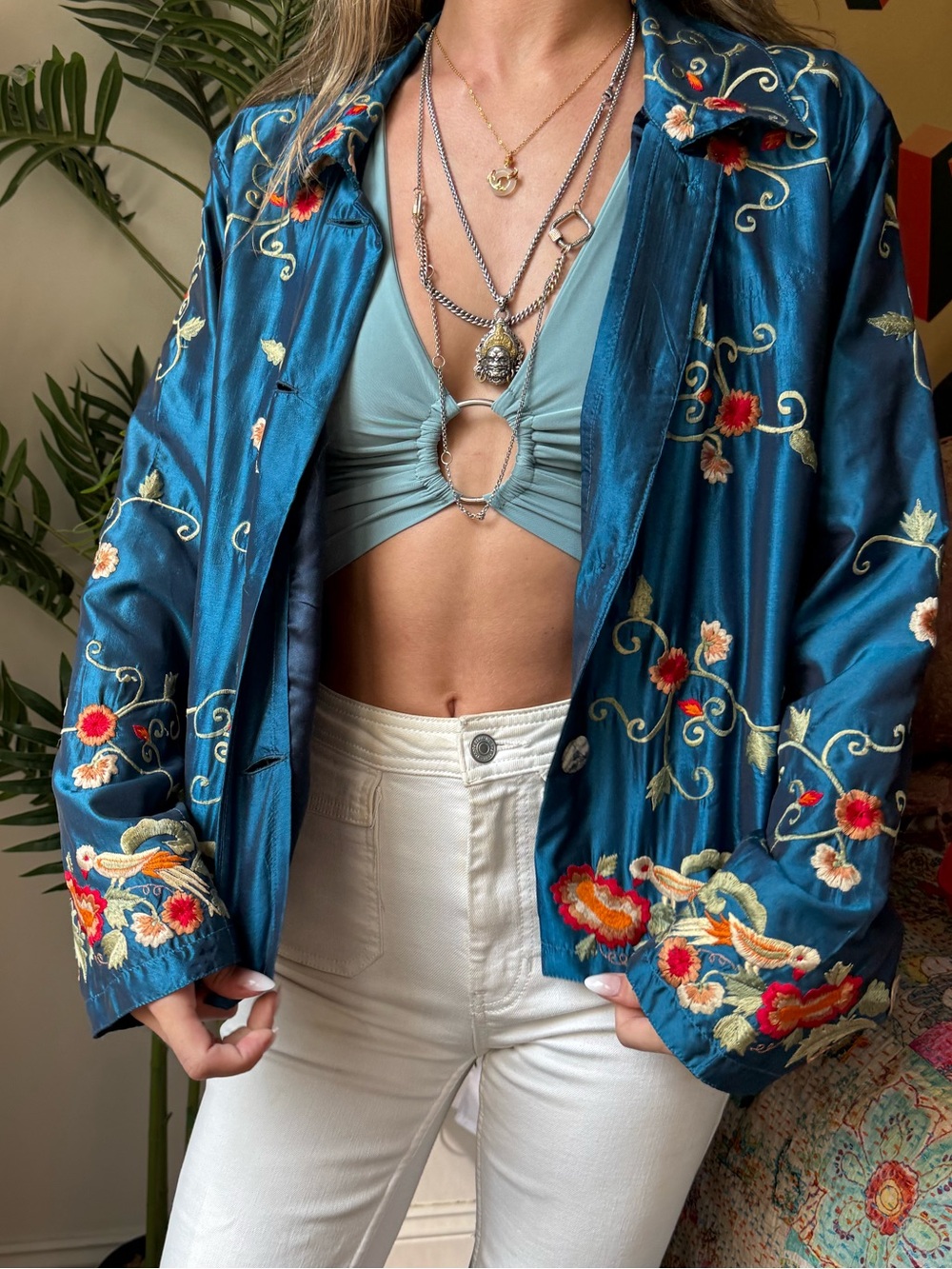 Satin Sapphire Embroidered Floral Blazer